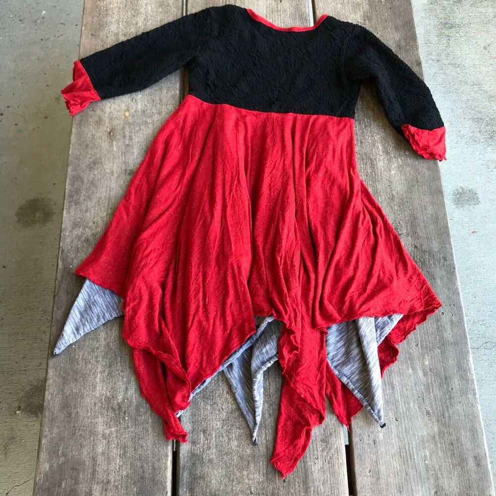 Lilli Lovebird Girls Dress Sz 8 Black Red Gold Gray Twirly Handkerchief Hem Knit - Picture 3 of 6